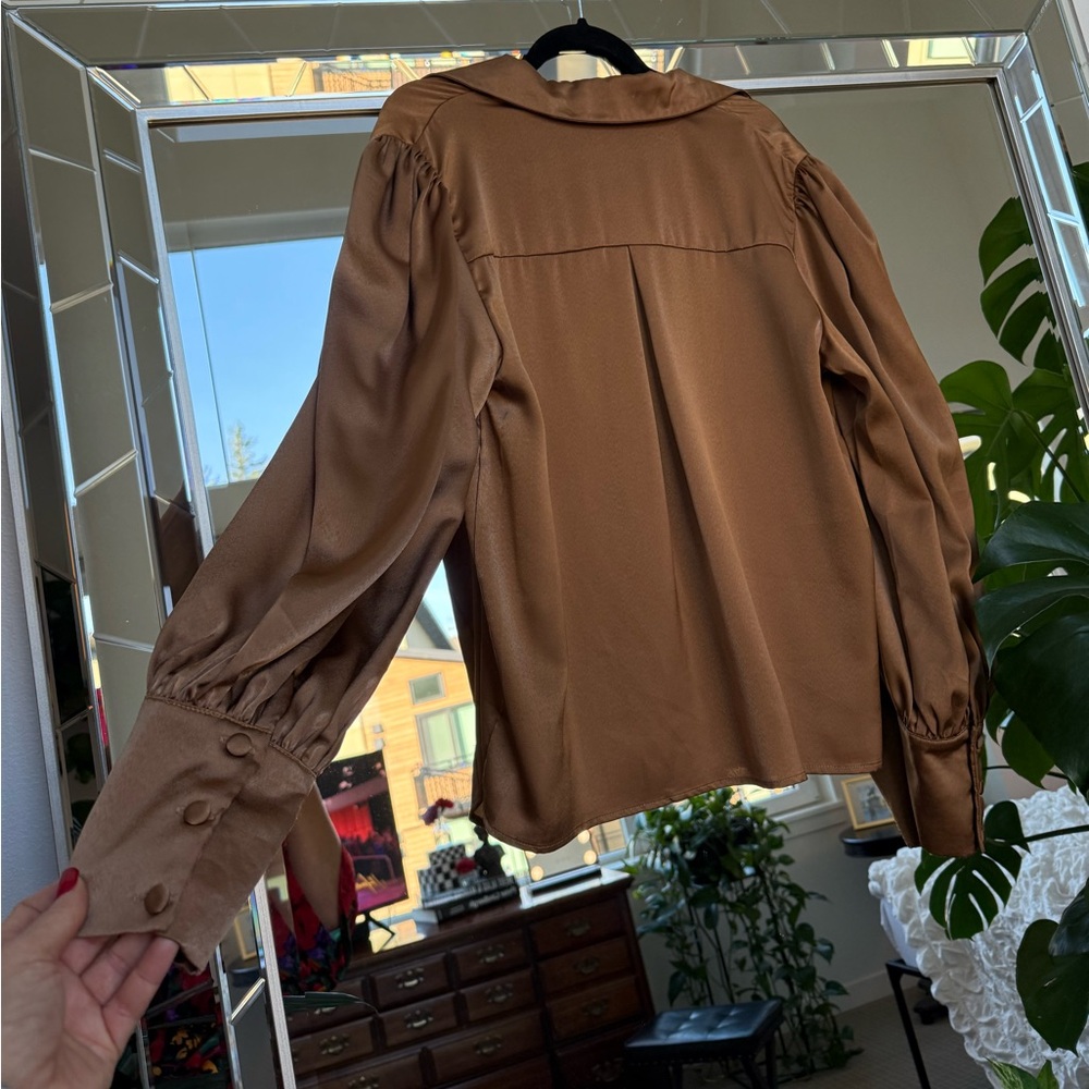 5/$25 - BTFBM | Bronze Satin Button Down Blouse - Picture 4 of 5